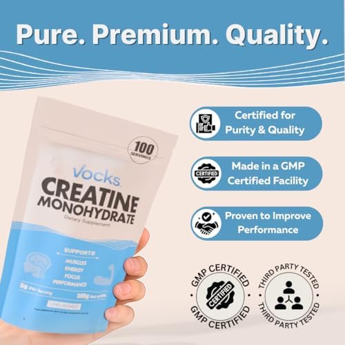 Vocks Creatina Monohidratada en Polvo - Suplemento de Creatina Micronizada, Sin Sabor y Sin Gluten, 5g por Porción, 500g (1.1 lbs) - imagen 4