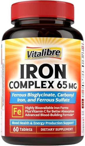 Suplemento de Hierro 3 en 1, Complejo de Hierro Ferroso Bisglicinato, Sulfato y Carbonilo de 65mg con Vitamina C Natural, 60 Tabletas Veganas, Alta - imagen 1