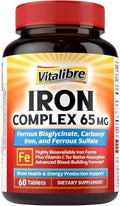 Suplemento de Hierro 3 en 1, Complejo de Hierro Ferroso Bisglicinato, Sulfato y Carbonilo de 65mg con Vitamina C Natural, 60 Tabletas Veganas, Alta - imagen 1