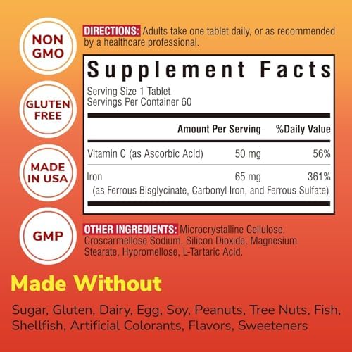 Suplemento de Hierro 3 en 1, Complejo de Hierro Ferroso Bisglicinato, Sulfato y Carbonilo de 65mg con Vitamina C Natural, 60 Tabletas Veganas, Alta - imagen 5