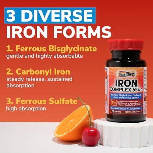 Suplemento de Hierro 3 en 1, Complejo de Hierro Ferroso Bisglicinato, Sulfato y Carbonilo de 65mg con Vitamina C Natural, 60 Tabletas Veganas, Alta - imagen 6
