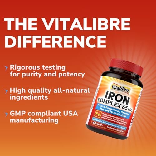 Suplemento de Hierro 3 en 1, Complejo de Hierro Ferroso Bisglicinato, Sulfato y Carbonilo de 65mg con Vitamina C Natural, 60 Tabletas Veganas, Alta - imagen 7