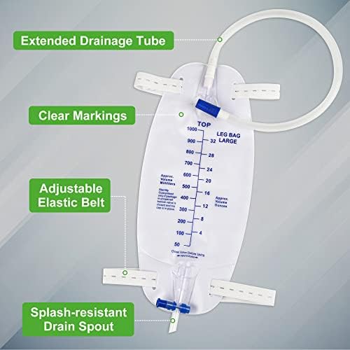 Paquete de 3 Bolsas de Pierna para Catéter, 1000ml, con Válvula Antirreflujo, Correas de Tela, Drenaje Fácil y Tubo de 18” - imagen 2