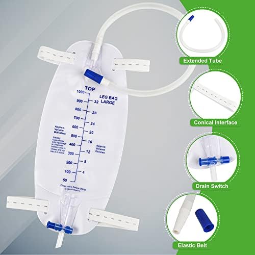 Paquete de 3 Bolsas de Pierna para Catéter, 1000ml, con Válvula Antirreflujo, Correas de Tela, Drenaje Fácil y Tubo de 18” - imagen 3