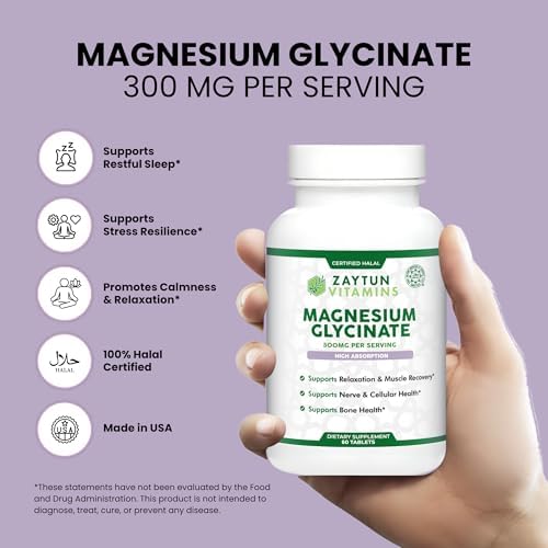 Zaytun Halal Magnesio Glicinato 300mg, Alta Absorción, Libre de Gluten y Gelatina, No OGM, Vegetariano, 60 Tabletas, Hecho en EE. UU. - imagen 3
