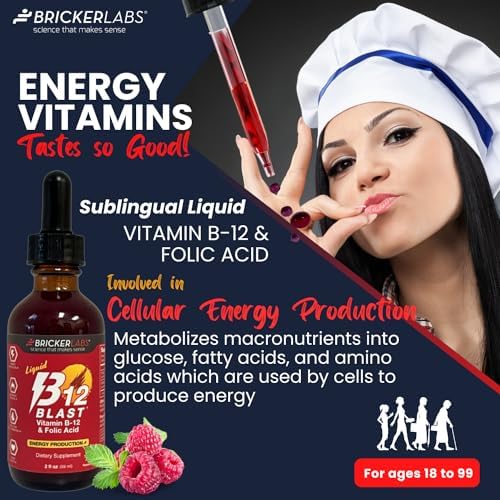 Suplemento Líquido de Vitamina B12 y Ácido Fólico Bricker Labs B-12 Blast, Sabor Natural a Frambuesa, 2 fl oz, Apoya la Producción de Energía - imagen 2
