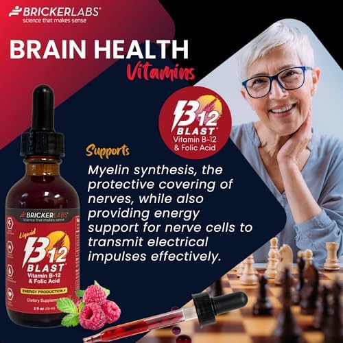 Suplemento Líquido de Vitamina B12 y Ácido Fólico Bricker Labs B-12 Blast, Sabor Natural a Frambuesa, 2 fl oz, Apoya la Producción de Energía - imagen 3