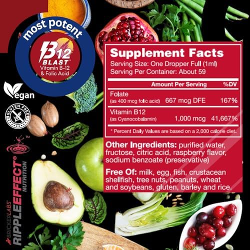 Suplemento Líquido de Vitamina B12 y Ácido Fólico Bricker Labs B-12 Blast, Sabor Natural a Frambuesa, 2 fl oz, Apoya la Producción de Energía - imagen 6
