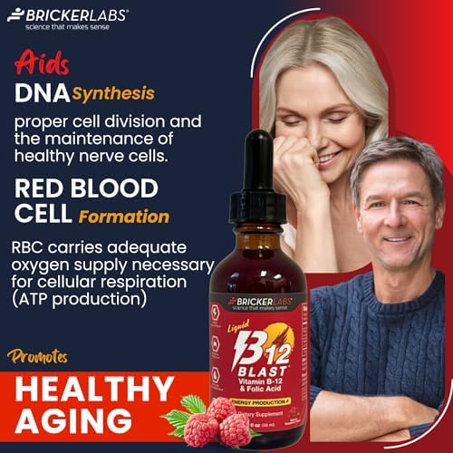 Suplemento Líquido de Vitamina B12 y Ácido Fólico Bricker Labs B-12 Blast, Sabor Natural a Frambuesa, 2 fl oz, Apoya la Producción de Energía - imagen 7