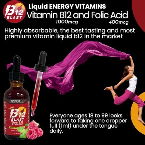 Suplemento Líquido de Vitamina B12 y Ácido Fólico Bricker Labs B-12 Blast, Sabor Natural a Frambuesa, 2 fl oz, Apoya la Producción de Energía - imagen 8
