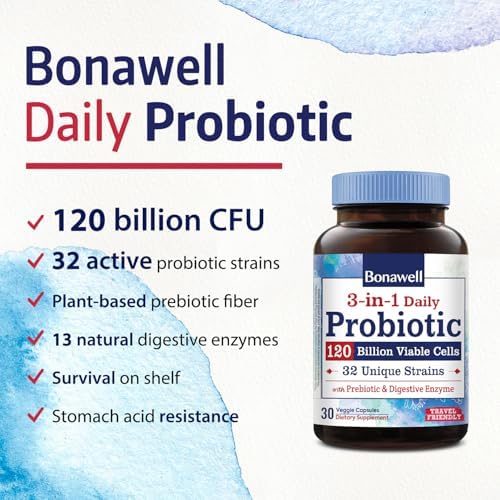 Bonawell Probióticos 120 Mil Millones CFU, 32 Cepas con Prebióticos y Enzimas Digestivas, Probiótico Diario 3 en 1, 30 Cápsulas Veganas - imagen 3
