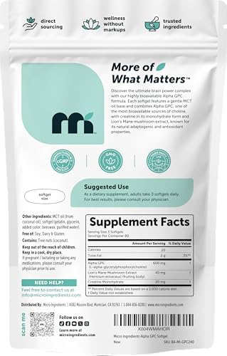 Micro Ingredients Alpha GPC 600mg con Aceite MCT, 240 Softgels – Suplemento de Colina Bioavailable con Creatina Monohidratada y Melena de León – No - imagen 2