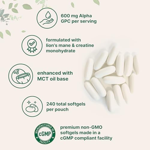 Micro Ingredients Alpha GPC 600mg con Aceite MCT, 240 Softgels – Suplemento de Colina Bioavailable con Creatina Monohidratada y Melena de León – No - imagen 3