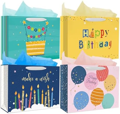 Bolsas de Regalo Nihuecne de 16 Extra Grandes para Cumpleaños, 4 Paquetes con Papel de Seda, 4 Diseños con Asas - imagen 1
