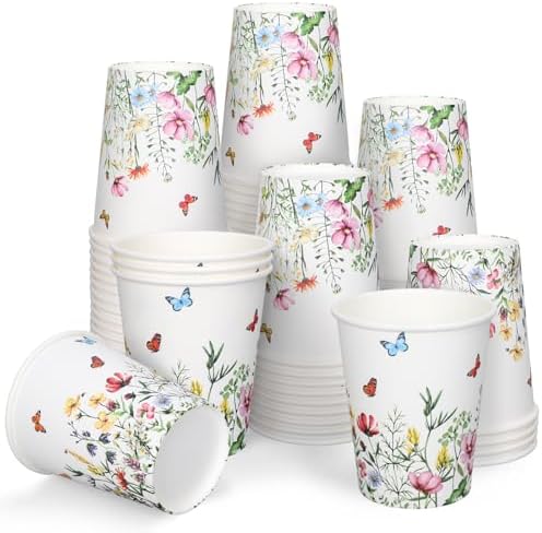 FYSUIMU 50 Pzs Vasos de Papel de Flores 9 Oz Desechables para Café, Fiesta de Boda, Baby Shower y Cumpleaños - imagen 1