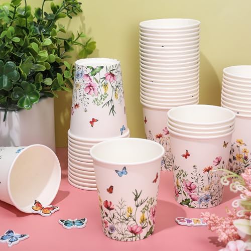 FYSUIMU 50 Pzs Vasos de Papel de Flores 9 Oz Desechables para Café, Fiesta de Boda, Baby Shower y Cumpleaños - imagen 3