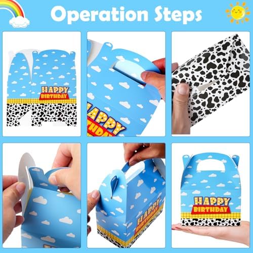 Cajas de Favor de Cumpleaños Ragnhild de 16 Pcs con Diseño de Vaca, Cajas de Regalo de Papel Kraft para Decoraciones de Fiesta Infantil, Nubes y - imagen 3