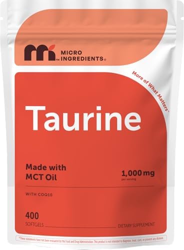 Micro Ingredients Taurina 1,000 mg por Porción con CoQ10 | Suplemento de Coenzima Q10 con Aceite MCT | Suministro para 4+ Meses con 400 Cápsulas - imagen 1