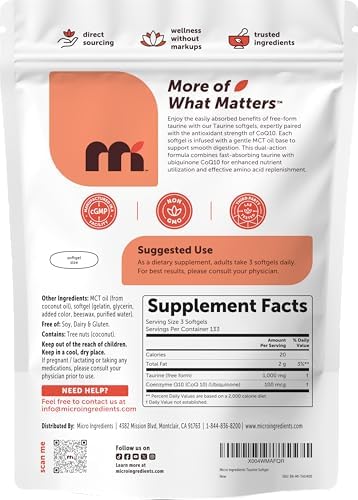 Micro Ingredients Taurina 1,000 mg por Porción con CoQ10 | Suplemento de Coenzima Q10 con Aceite MCT | Suministro para 4+ Meses con 400 Cápsulas - imagen 6