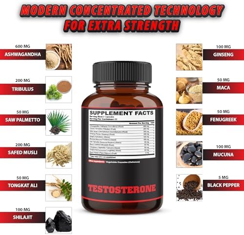 Suplemento de Testosterona para Hombres con Ashwagandha, Tribulus, Ginseng y Más - 11 Hierbas - Apoyo a la Fuerza - 60 Cápsulas Veganas, Suministro - imagen 2