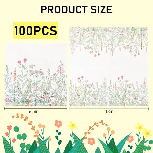 100 Servilletas de Papel de Flores Silvestres 6.5 x 6.5 Pulgadas, Decorativas con Hojas Verdes para Fiestas de Primavera y Verano, Cumpleaños y Té de - imagen 2