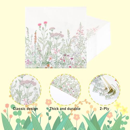 100 Servilletas de Papel de Flores Silvestres 6.5 x 6.5 Pulgadas, Decorativas con Hojas Verdes para Fiestas de Primavera y Verano, Cumpleaños y Té de - imagen 3