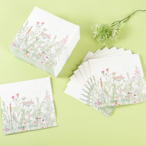100 Servilletas de Papel de Flores Silvestres 6.5 x 6.5 Pulgadas, Decorativas con Hojas Verdes para Fiestas de Primavera y Verano, Cumpleaños y Té de - imagen 4