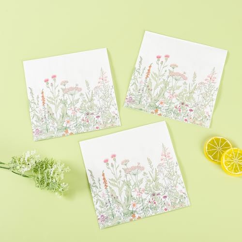 100 Servilletas de Papel de Flores Silvestres 6.5 x 6.5 Pulgadas, Decorativas con Hojas Verdes para Fiestas de Primavera y Verano, Cumpleaños y Té de - imagen 5