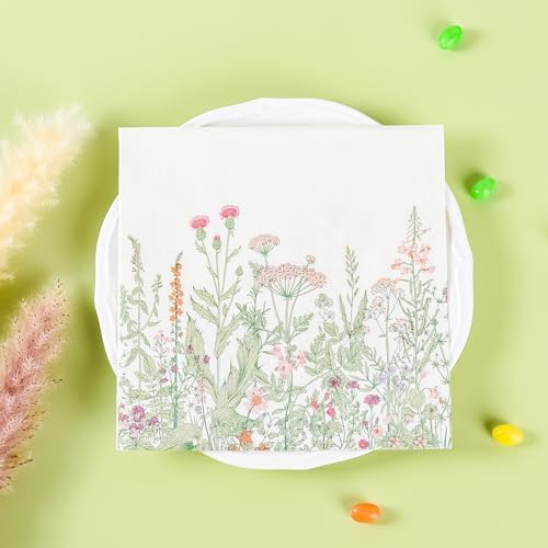 100 Servilletas de Papel de Flores Silvestres 6.5 x 6.5 Pulgadas, Decorativas con Hojas Verdes para Fiestas de Primavera y Verano, Cumpleaños y Té de - imagen 6