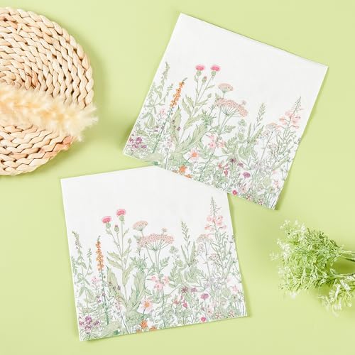 100 Servilletas de Papel de Flores Silvestres 6.5 x 6.5 Pulgadas, Decorativas con Hojas Verdes para Fiestas de Primavera y Verano, Cumpleaños y Té de - imagen 7