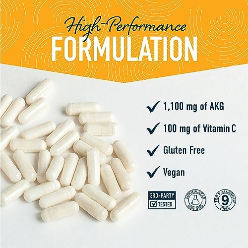Suplemento AKG | 1100MG por Porción | Arginina Alfa Cetoglutarato con Calcio y Vitamina C | AAKG para el Envejecimiento Saludable, Longevidad, - imagen 3