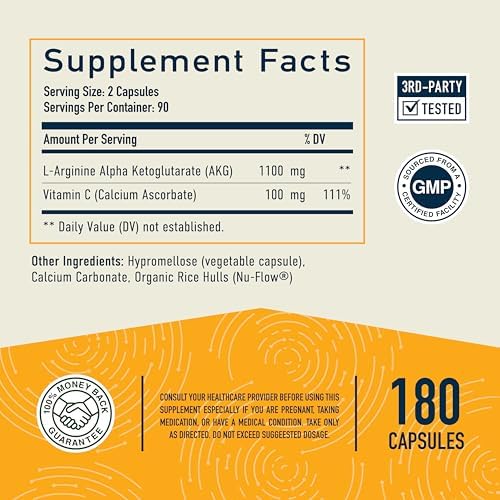 Suplemento AKG | 1100MG por Porción | Arginina Alfa Cetoglutarato con Calcio y Vitamina C | AAKG para el Envejecimiento Saludable, Longevidad, - imagen 5