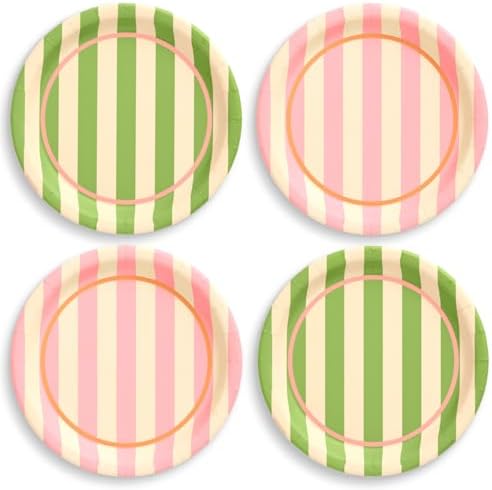 Platos de Papel Cabana Rayados en Rosa y Verde Fetti - 24 Platos de 9 | Decoración Retro para Cumpleaños, Estilo Preppy, Palm Royale, Verano - imagen 1