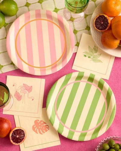 Platos de Papel Cabana Rayados en Rosa y Verde Fetti - 24 Platos de 9 | Decoración Retro para Cumpleaños, Estilo Preppy, Palm Royale, Verano - imagen 2