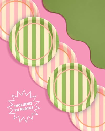 Platos de Papel Cabana Rayados en Rosa y Verde Fetti - 24 Platos de 9 | Decoración Retro para Cumpleaños, Estilo Preppy, Palm Royale, Verano - imagen 3
