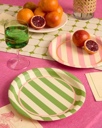 Platos de Papel Cabana Rayados en Rosa y Verde Fetti - 24 Platos de 9 | Decoración Retro para Cumpleaños, Estilo Preppy, Palm Royale, Verano - imagen 4