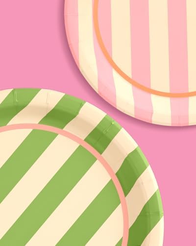 Platos de Papel Cabana Rayados en Rosa y Verde Fetti - 24 Platos de 9 | Decoración Retro para Cumpleaños, Estilo Preppy, Palm Royale, Verano - imagen 5