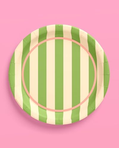 Platos de Papel Cabana Rayados en Rosa y Verde Fetti - 24 Platos de 9 | Decoración Retro para Cumpleaños, Estilo Preppy, Palm Royale, Verano - imagen 7