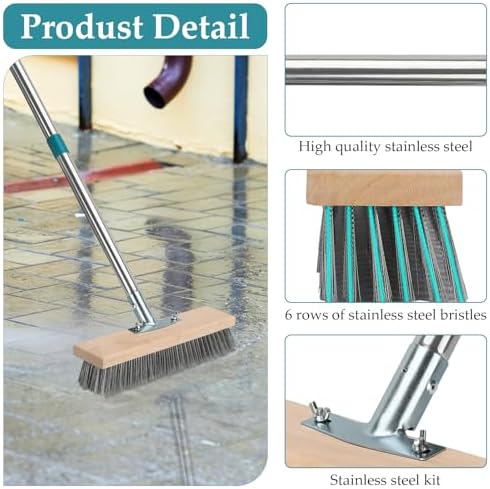Cepillo de Acero Inoxidable para Limpiar Decks con Mango Largo de 53, Escoba Exterior para Concreto y Pisos de Cemento, Limpiador Pesado - imagen 2