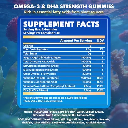 Paquete de 2 gomitas veganas Omega-3 de 1000mg para adultos - Suplemento sin azúcar con 400mg de DHA y 600mg de EPA, vitaminas A, C, E y zinc - 120 - imagen 2