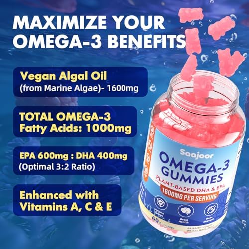 Paquete de 2 gomitas veganas Omega-3 de 1000mg para adultos - Suplemento sin azúcar con 400mg de DHA y 600mg de EPA, vitaminas A, C, E y zinc - 120 - imagen 5
