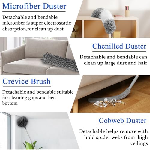 Dusters para Limpiar, 9 Piezas de Plumero con Extensión de Hasta 100'', Plumero Flexible y Extensible para Ventiladores, Techos Altos, Persianas, - imagen 3