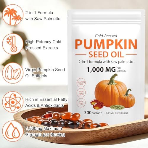 Aceite de Semilla de Calabaza Mcukv con Saw Palmetto, 1000mg por Porción, Cápsulas Frías para Cabello, Cuero Cabelludo, Urinario y Próstata, 300 - imagen 3