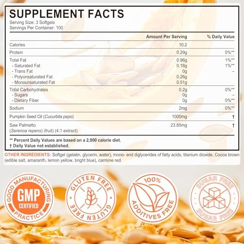 Aceite de Semilla de Calabaza Mcukv con Saw Palmetto, 1000mg por Porción, Cápsulas Frías para Cabello, Cuero Cabelludo, Urinario y Próstata, 300 - imagen 7