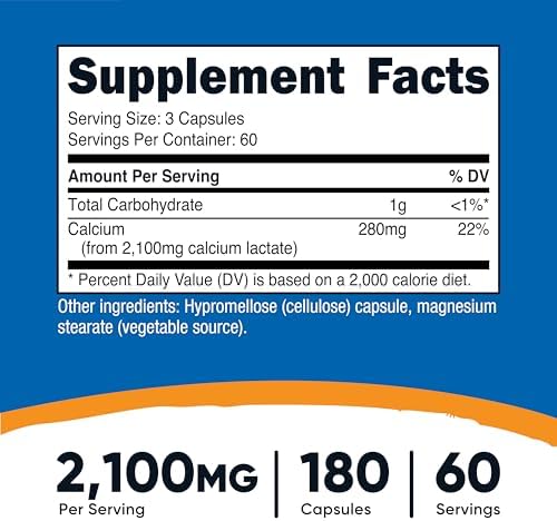 Calcio Lactato Nutricost 2,100mg; 180 Cápsulas - Vegano, Sin OGM y Libre de Gluten, 60 Porciones - imagen 2