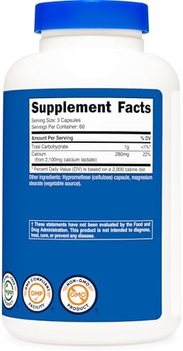 Calcio Lactato Nutricost 2,100mg; 180 Cápsulas - Vegano, Sin OGM y Libre de Gluten, 60 Porciones - imagen 5