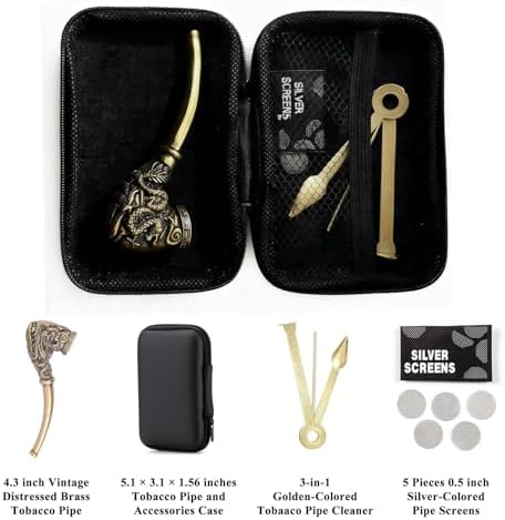 Pipa de Tabaco Mini Artesanal de Bronce Vintage MrPyer 4.3″ - Elegantes Grabados de Dragón y Fénix, 5 Pantallas, Estuche y Limpiador 3 en 1 - imagen 2