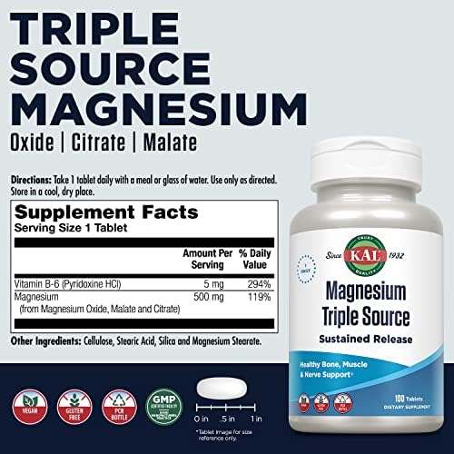 Suplemento KAL Complejo de Magnesio de Triple Fuente - Citrato, Malato y Óxido para Hombres y Mujeres, Liberación Prolongada para Corazón, Huesos, - imagen 2