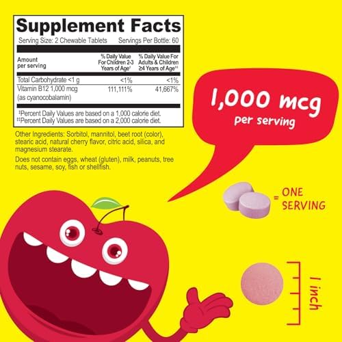 VitaWorks Vitamina B12 para Niños 1000 mcg Tabletas Masticables, Suplemento Vegano, Sabor Cereza, Sin OGM, Sin Gluten, 120 Masticables - imagen 2