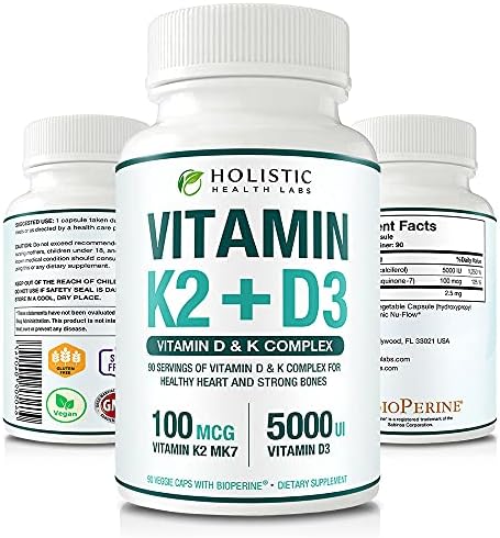 Vitaminas K2 + D3 (5000UI) 90 Cápsulas Veganas de MK-7 y Colecalciferol (Con BioPerine) – Suministro para 3 Meses para Corazón Saludable y Huesos - imagen 1